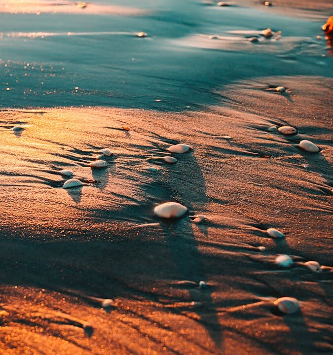 Capture of the tranquil Sanibel beach at sunset, with waves gently caressing the sandy shore.