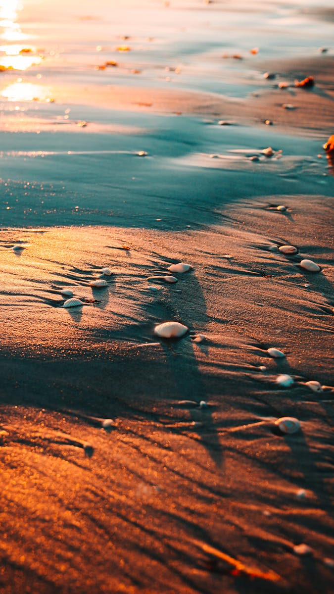 Capture of the tranquil Sanibel beach at sunset, with waves gently caressing the sandy shore.
